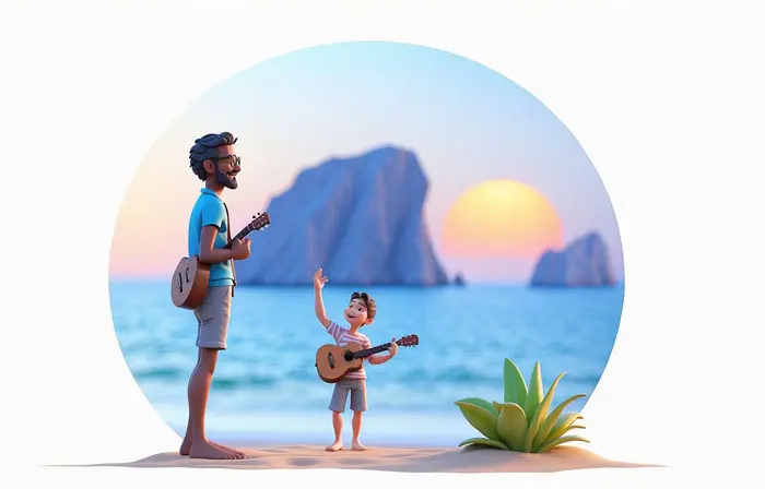 Dad and Child Playing Guitar at Beach 3D Design Illustration image